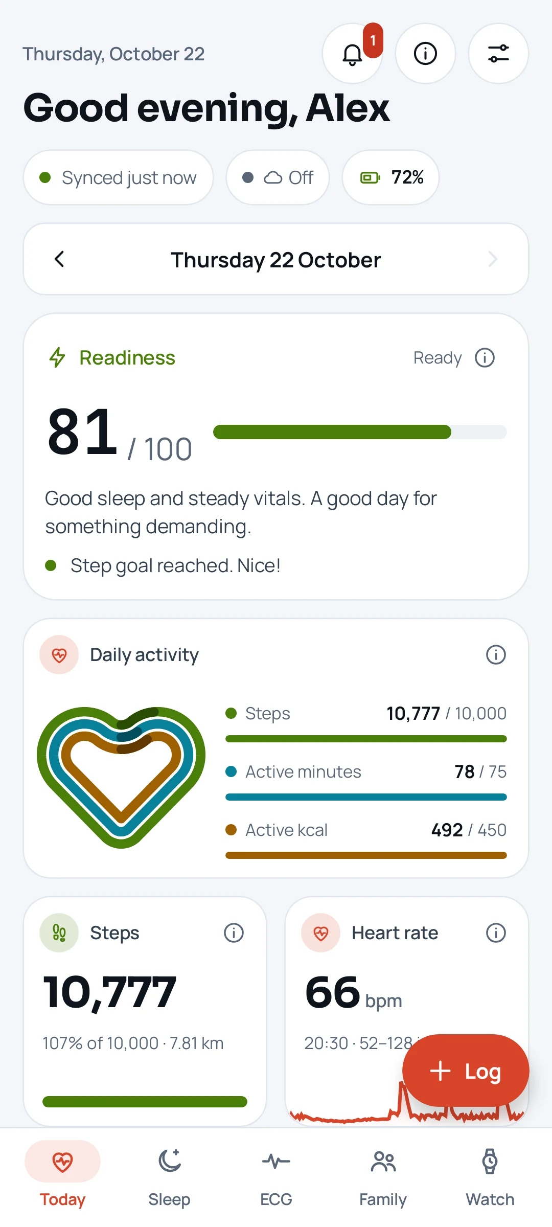 The app's Today screen: readiness, resting heart rate, steps, sleep, SpO2, temperature and watch battery.