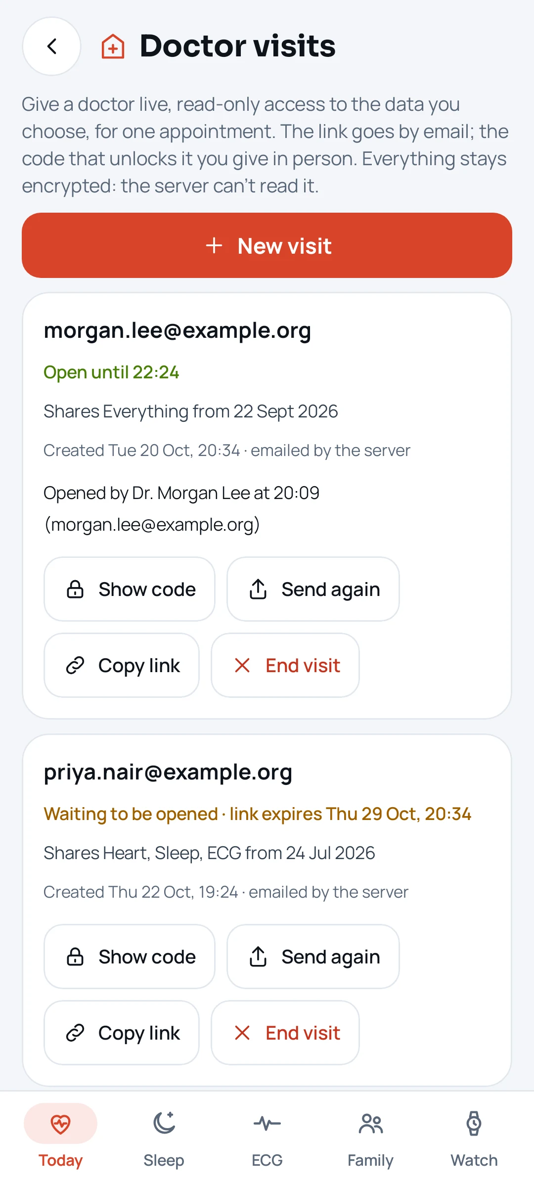 The app's Doctor visits screen: a visit link with its code.